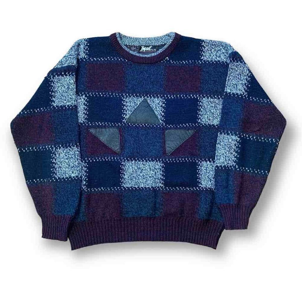 Vintage Impact Blue Graphic Knit Pullover Crewneck Sweater Leather Accents
